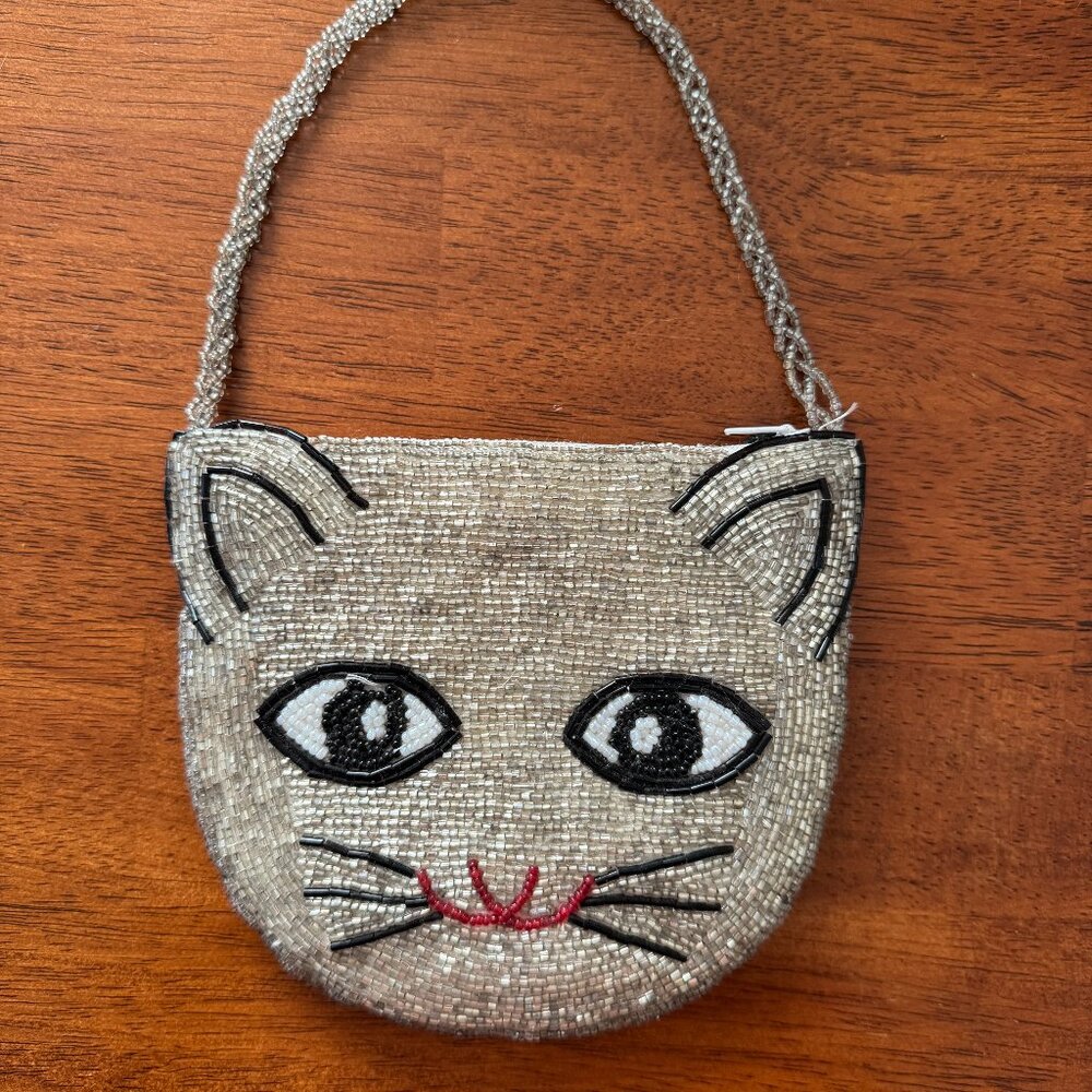 Silver Beaded Vintage-Style Cat Wrist Strap Purse / Wristlet / Clutch